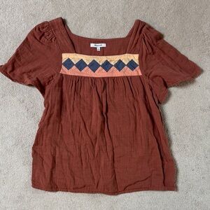 Madewell Rust Square-Neck Flutter Sleeve Blouse with Embroidered Yoke